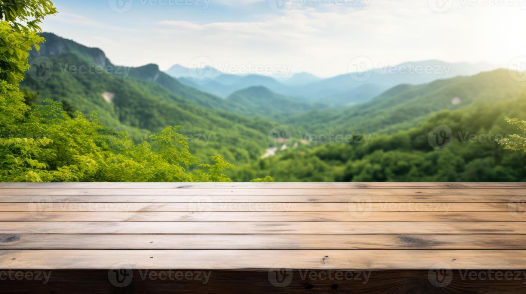 Empty wood table top with blur background of mountain and green nature. Neural network photo