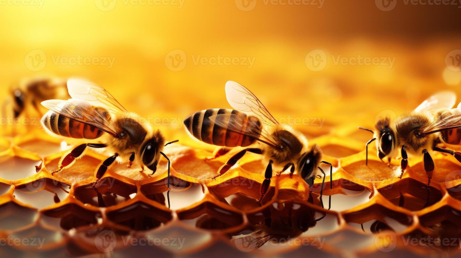 Close up view of the working bees on honeycells. Neural network photo