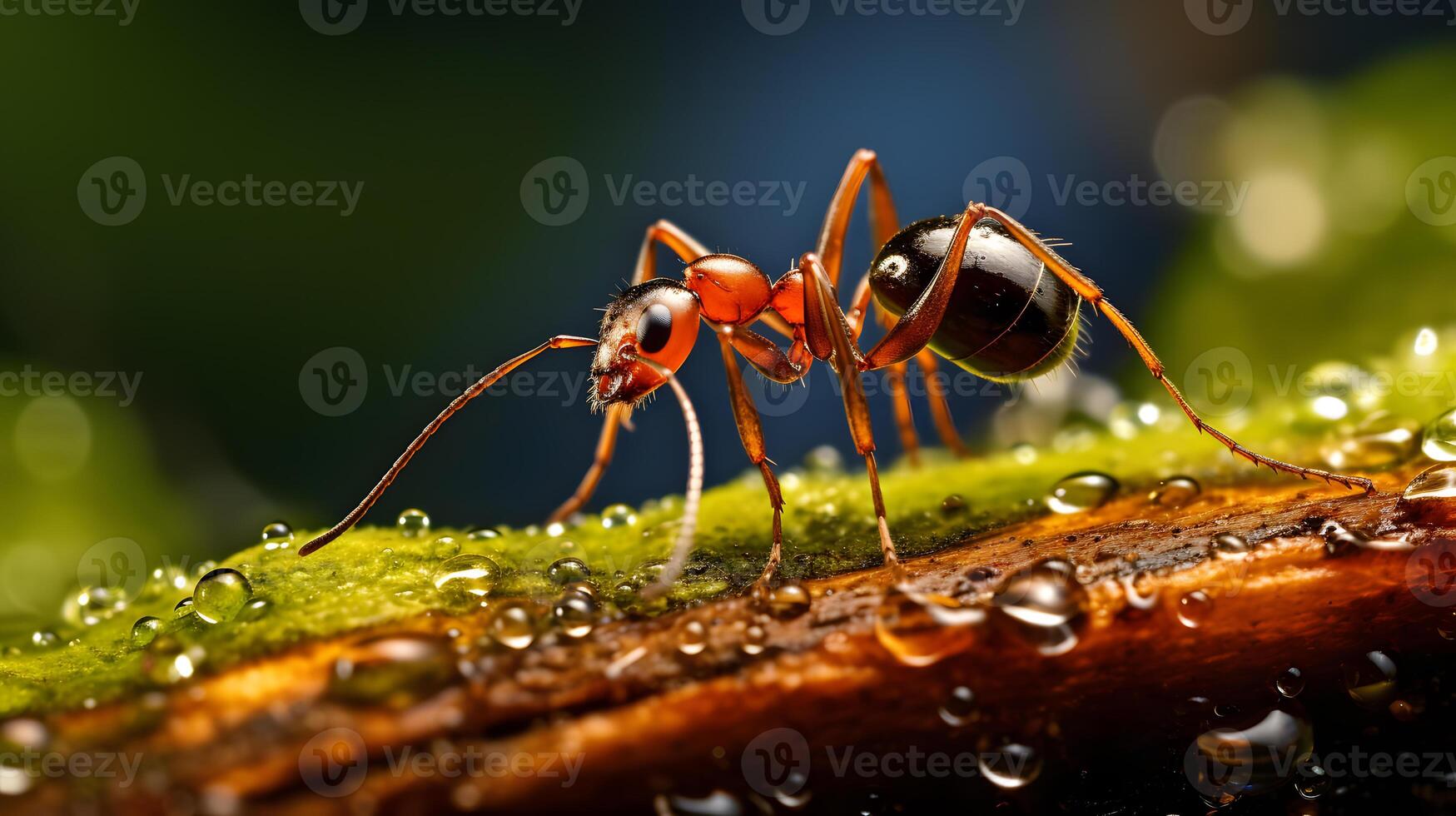 Red ants are looking for food on green branches. Neural network photo