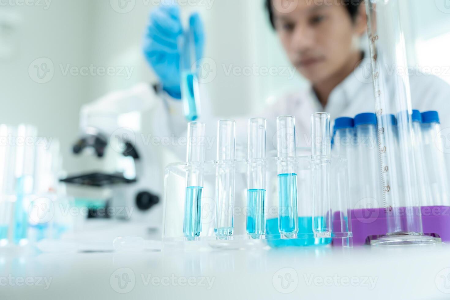 Scientist analyze biochemical sample in advanced scientific laboratory. Medical professional check chemical mix microbiological developmental of viral. Biotechnology research in science lab. cosmetic photo