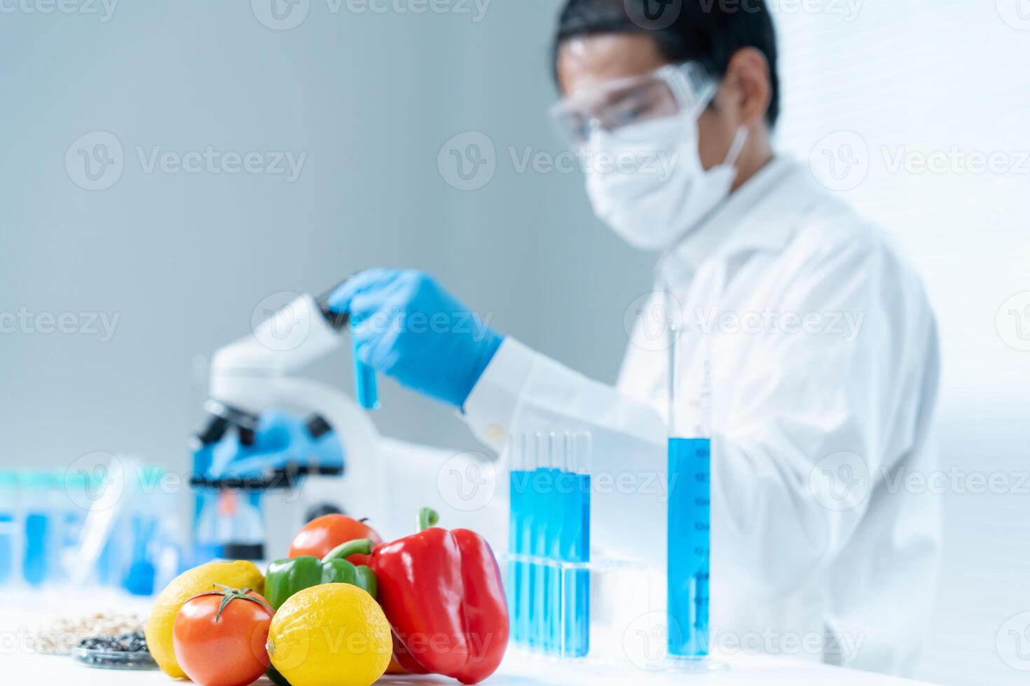 Scientist check chemical food residues in laboratory. Control experts inspect quality of fruits, vegetables. lab, hazards, ROHs, find prohibited substances, contaminate, Microscope, Microbiologist photo