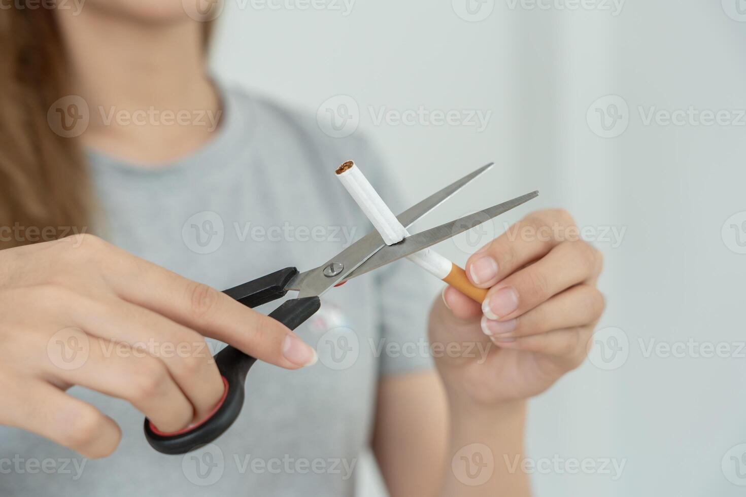 No smoking. Woman stop smoke, refuse, reject, break take cigarette, say no. quit smoking for health. world tobacco day. drugs, Lung Cancer, emphysema , Pulmonary disease, narcotic, nicotine effect photo