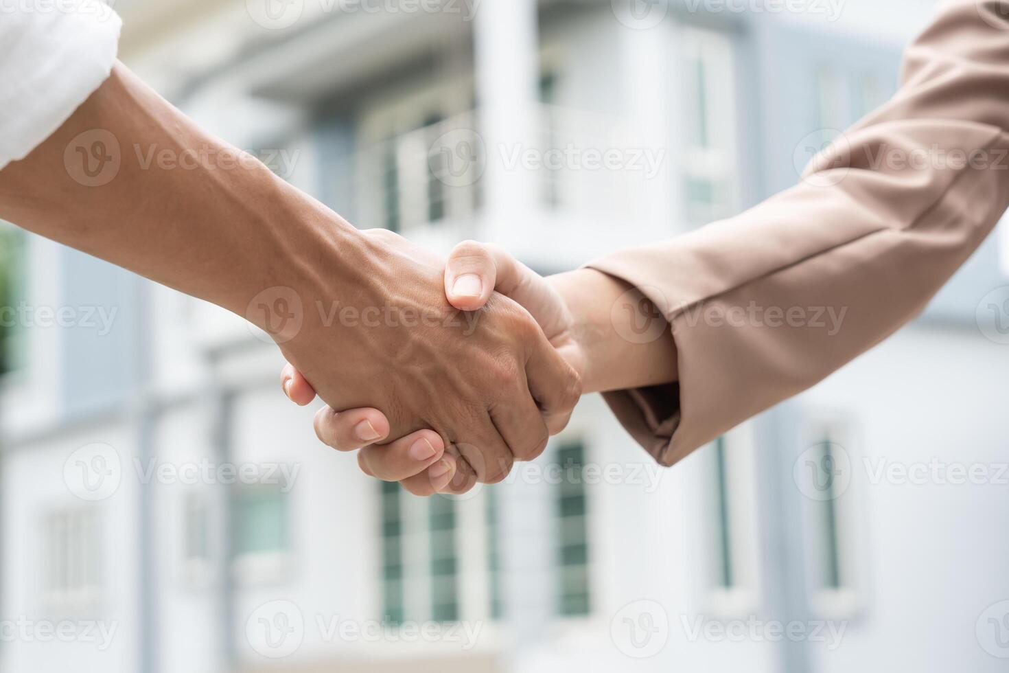 lease, rental and selling home. Dealership manager smile handshake to the new homeowner. rent house, Sales, loan credit financial, insurance, Seller, dealer, installment photo