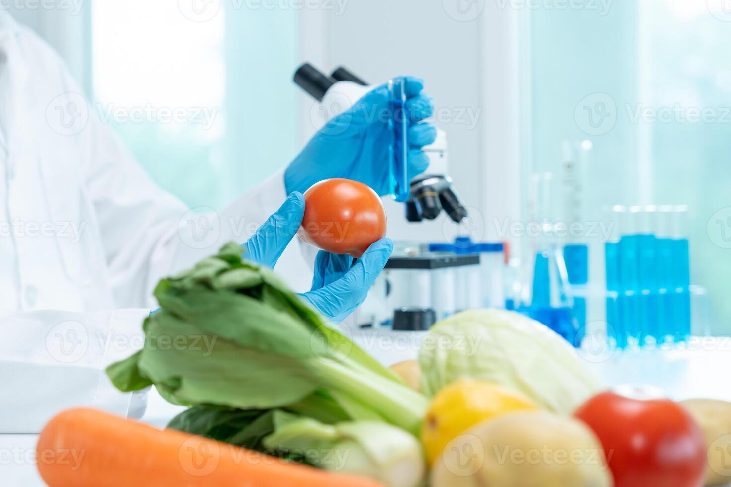 Scientist check chemical fruit residues in laboratory. Control experts inspect the concentration of chemical residues. hazards, standard, find prohibited substances, contaminate, Microbiologist photo