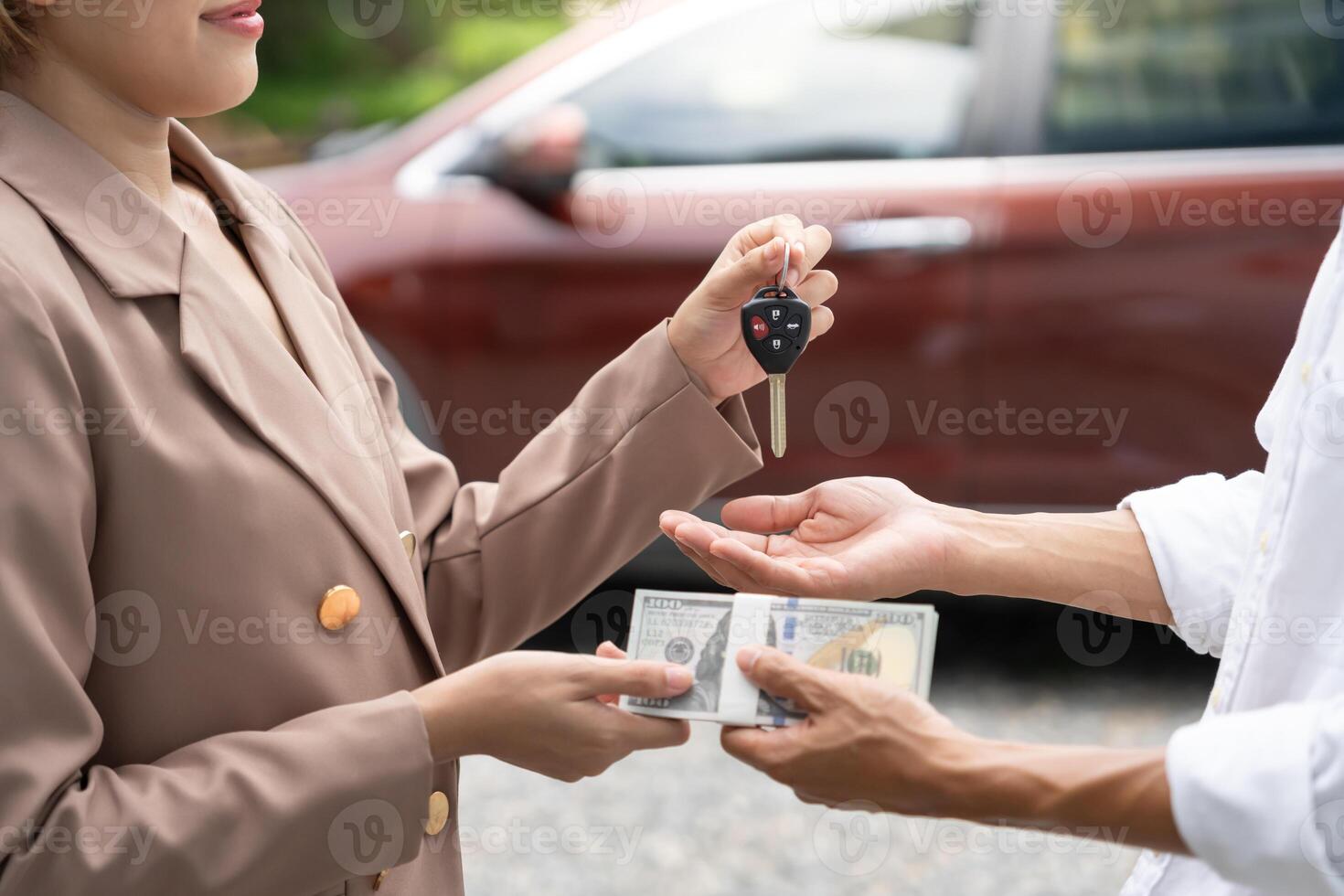 lease, rental and selling car. Car agent sent key for new owner. Customer pass on money for buy. rent car, Sales, loan credit financial, insurance, Seller, dealer, installment, Used car photo
