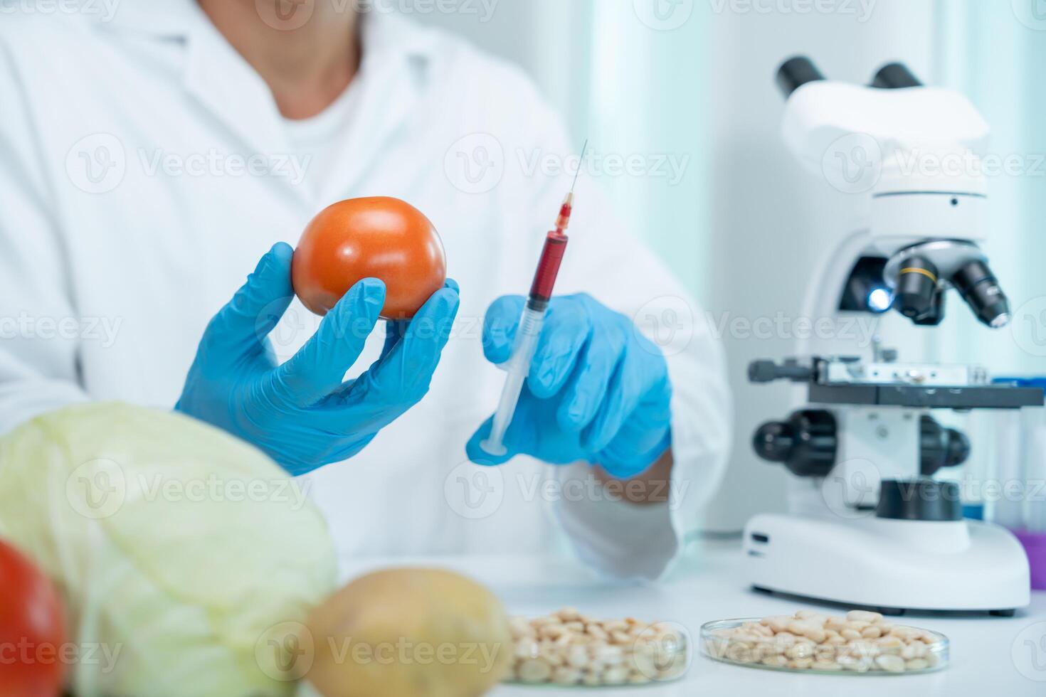 Scientist check chemical food residues in laboratory. Control experts inspect quality of fruit, scientists inject chemicals into apples for experiments, hazards, prohibited substance, contaminate photo