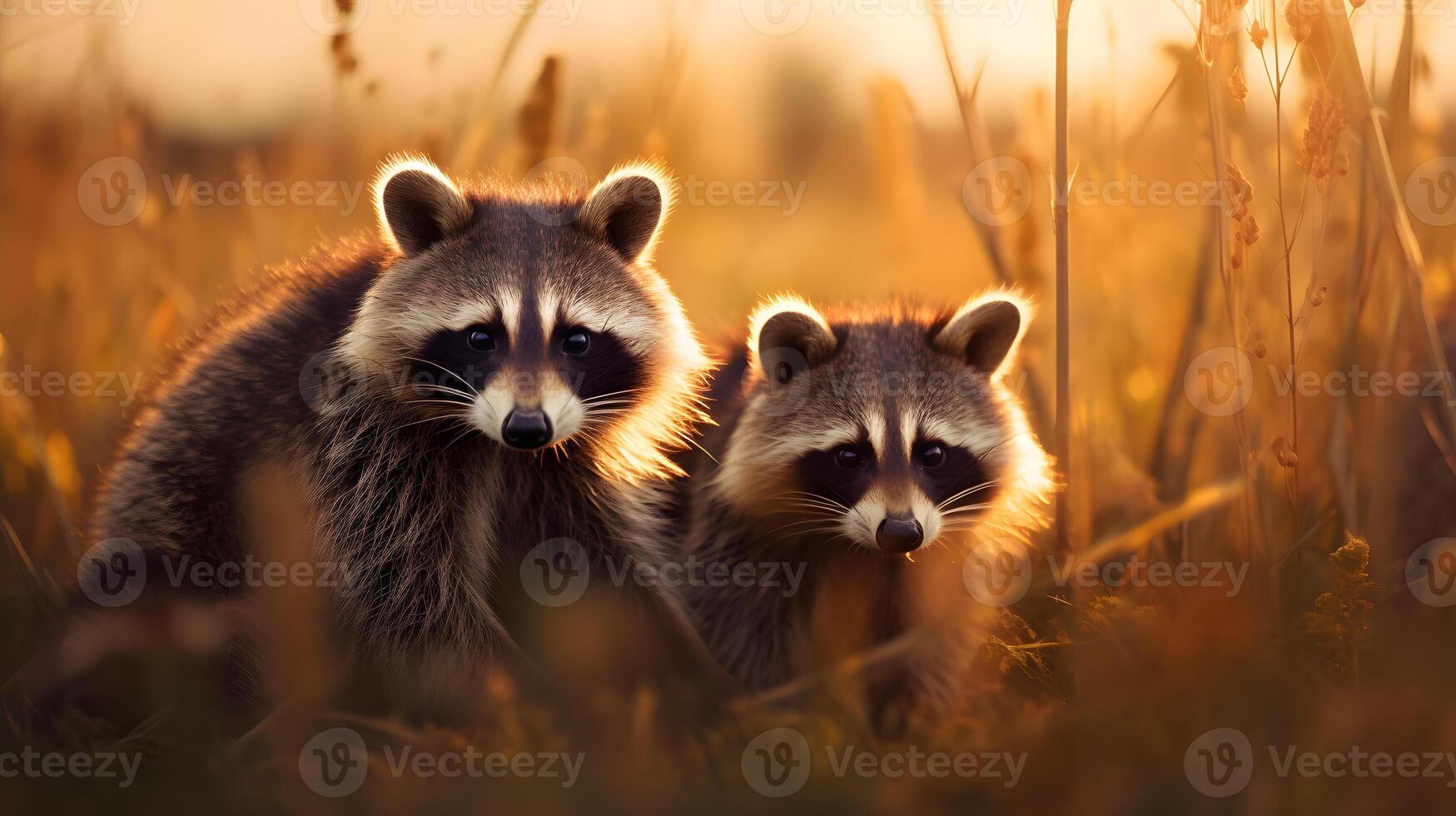 Two raccoons in a field at sunset. Neural network photo