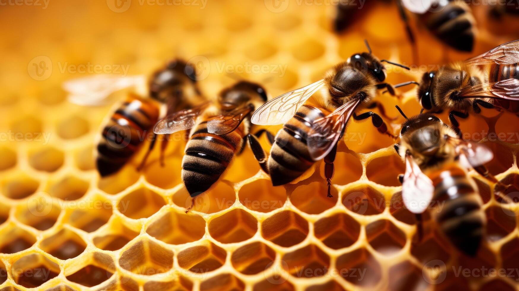 bee on honeycombs with honey slices nectar into cells. Neural network photo