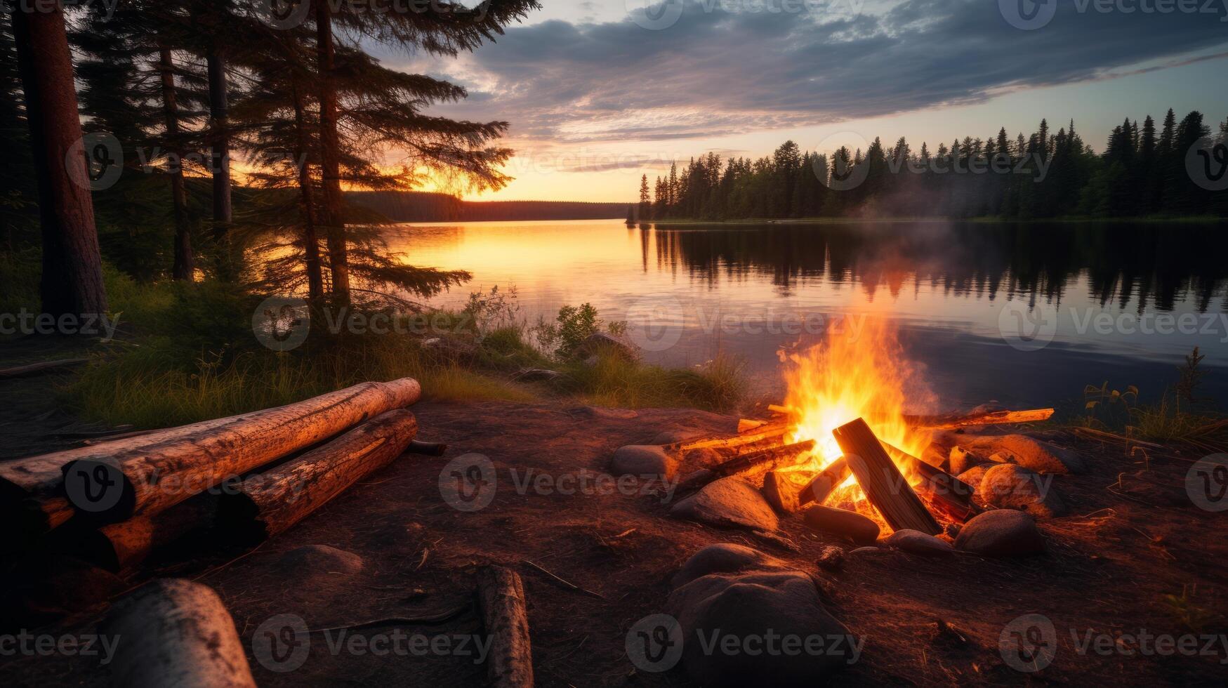 Beautiful campfire in the evening at the forest. Neural network photo