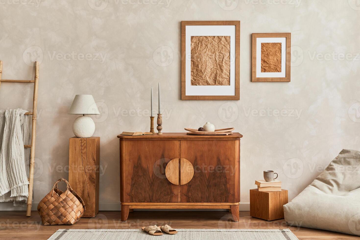 Design of neutral living room with stylish retro commode, mock up poster frame, cube, table lamp, decoration and elegant personal accessories in home decor. Template. Japandi concept. photo