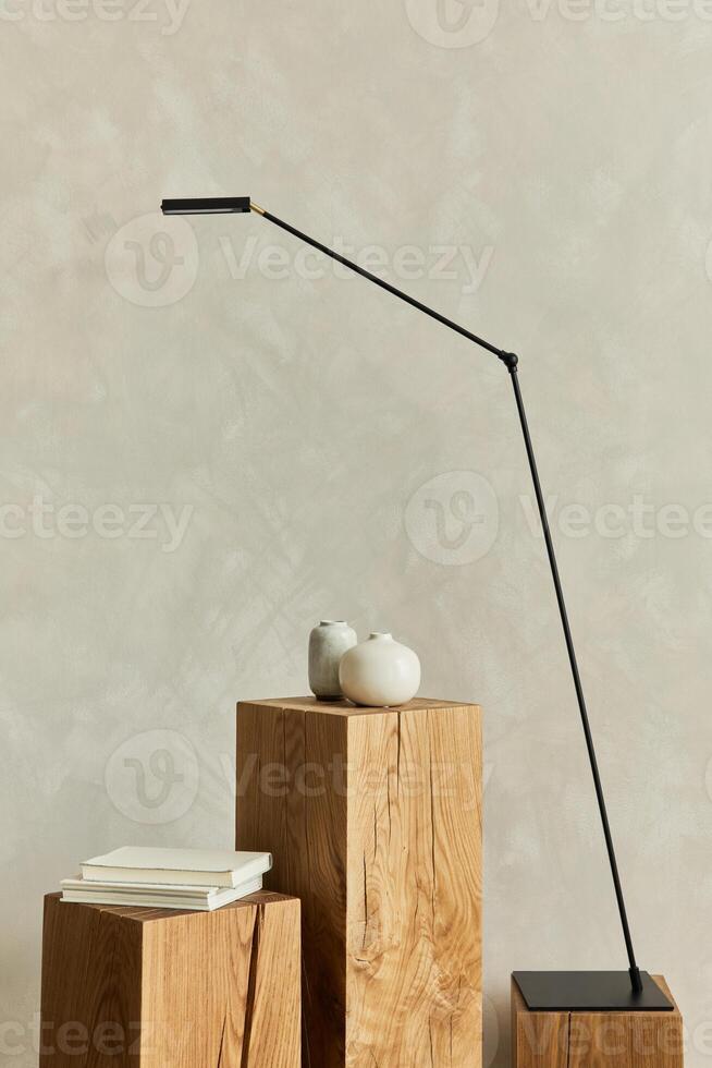 Stylish minimalistic monochromatic composition with wooden cubes, design vases and personal accessories. Copy space. Template. photo