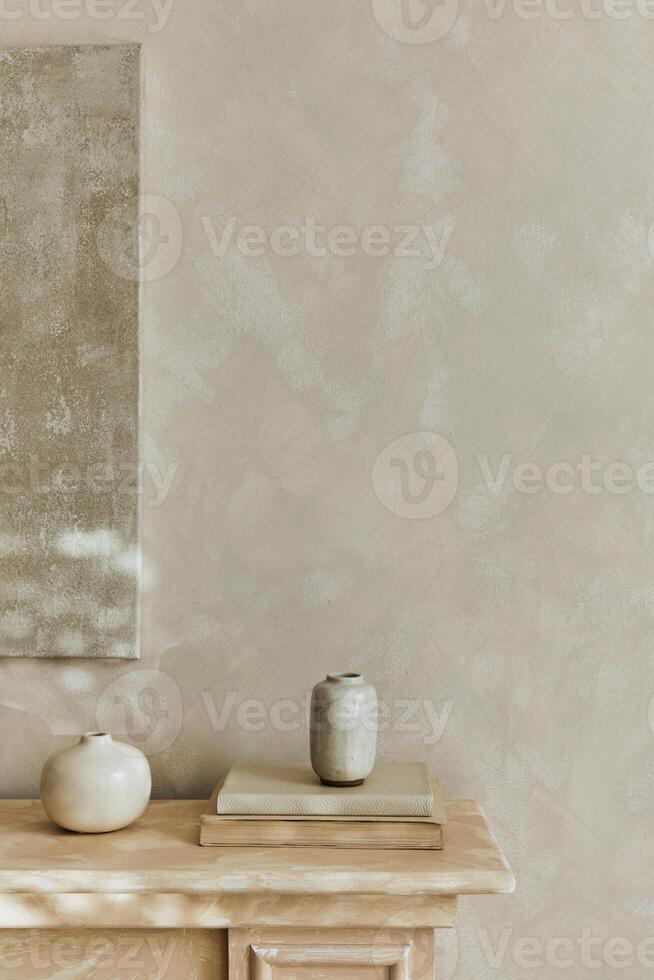 Minimalistic monochromatic composition with design vases and personal accessories. Poster on the wall. Copy space. Neutral colors. Template. photo
