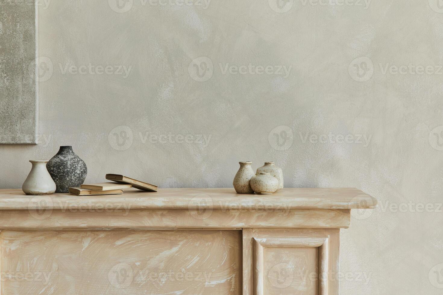 Stylish minimalistic monochromatic composition with design vases and accessories. Poster on the wall. Copy space. Neutral colors. Template. photo