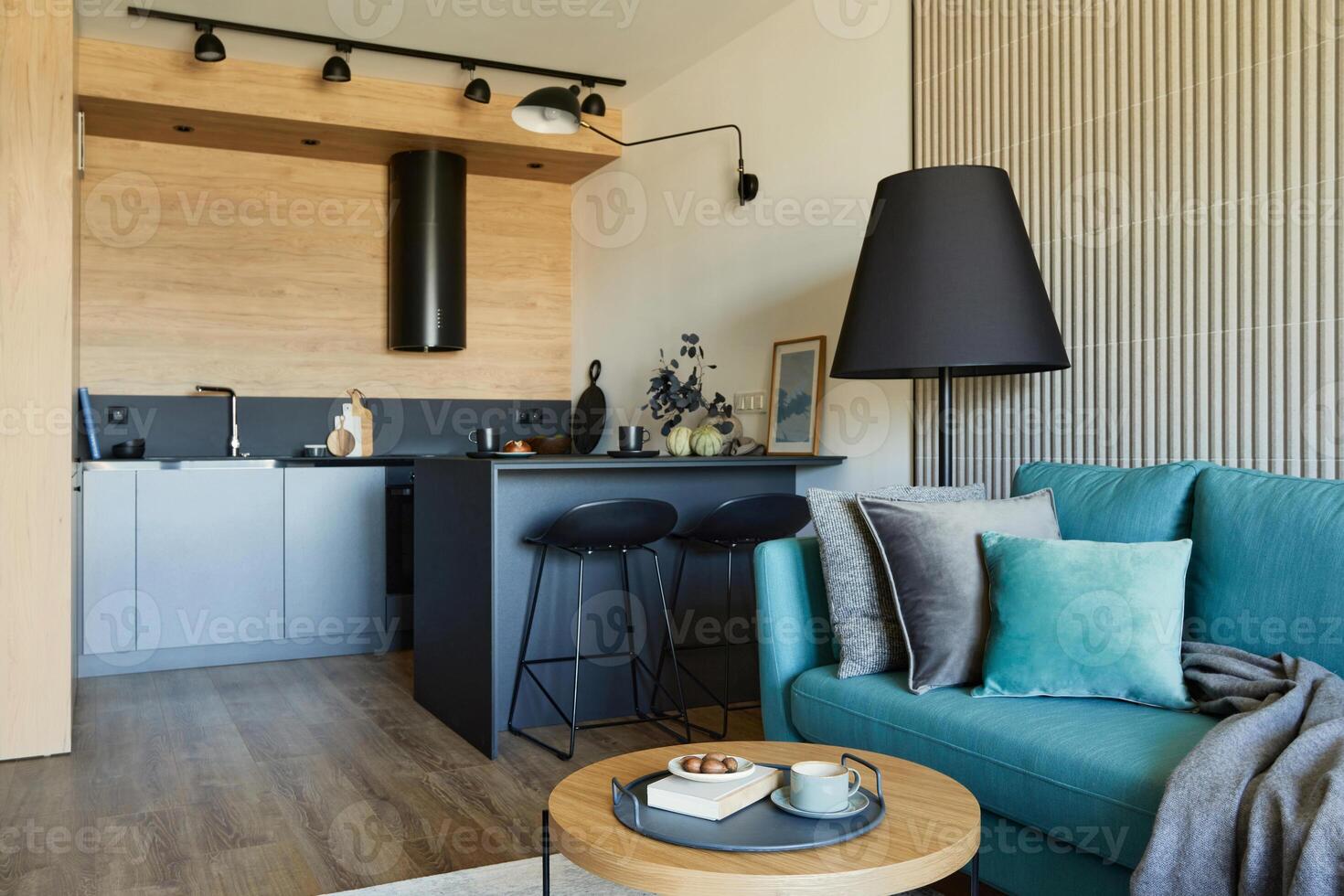 Creative composition of modern living room open space interior in apartment. Eucalyptus sofa, pillows, small designed wooden coffee table and personal accessories. Kitchen on the background. photo