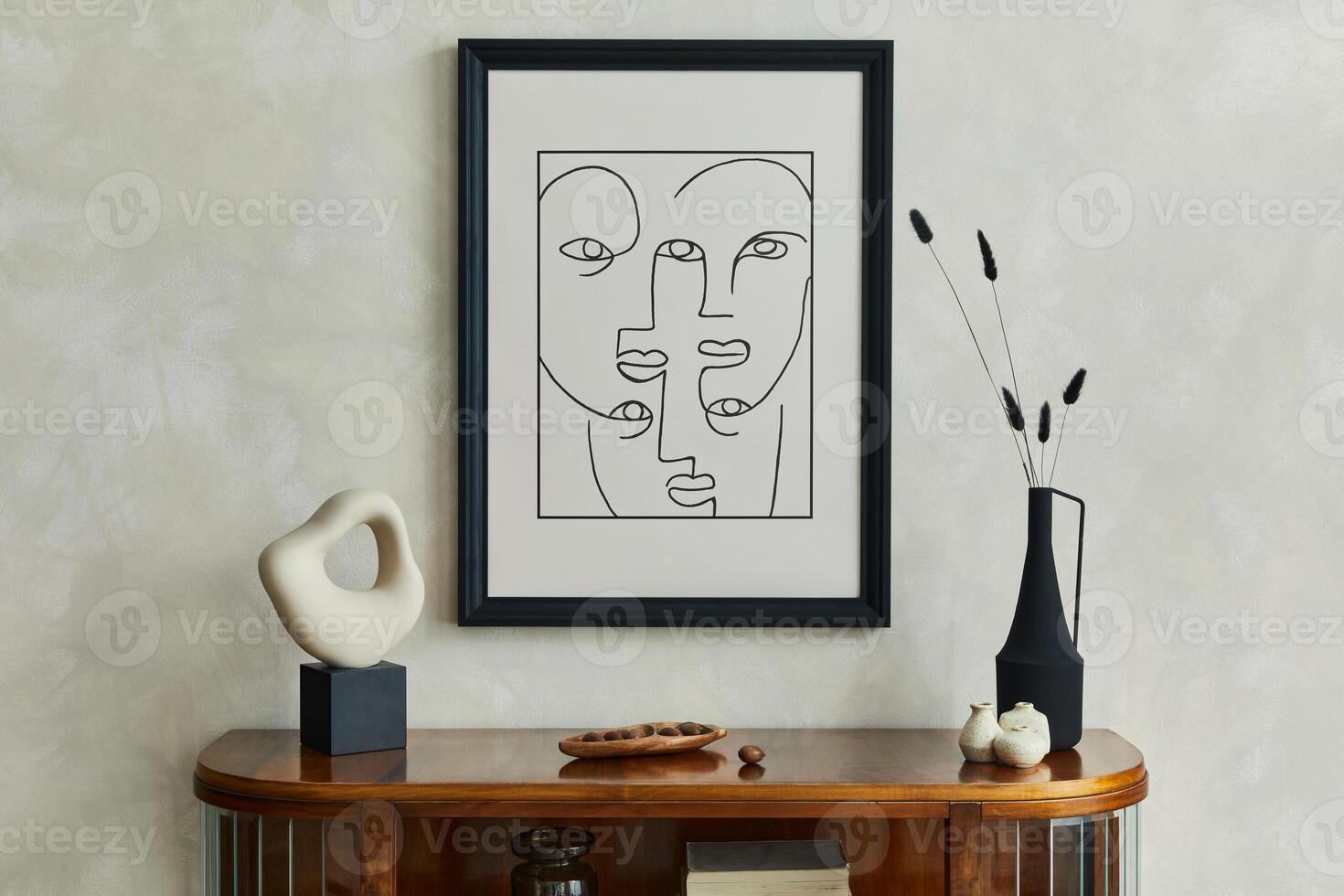 Stylish minimalistic composition of creative living room interior with dry flowers in black vase and creative sculpture on the wooden commode and elegant personal accessories Template. photo