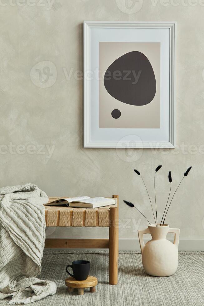 Stylish composition of cozy living room interior with mock up poster frame, chaise lounge and personal accessories. Neutral wall. Template. photo
