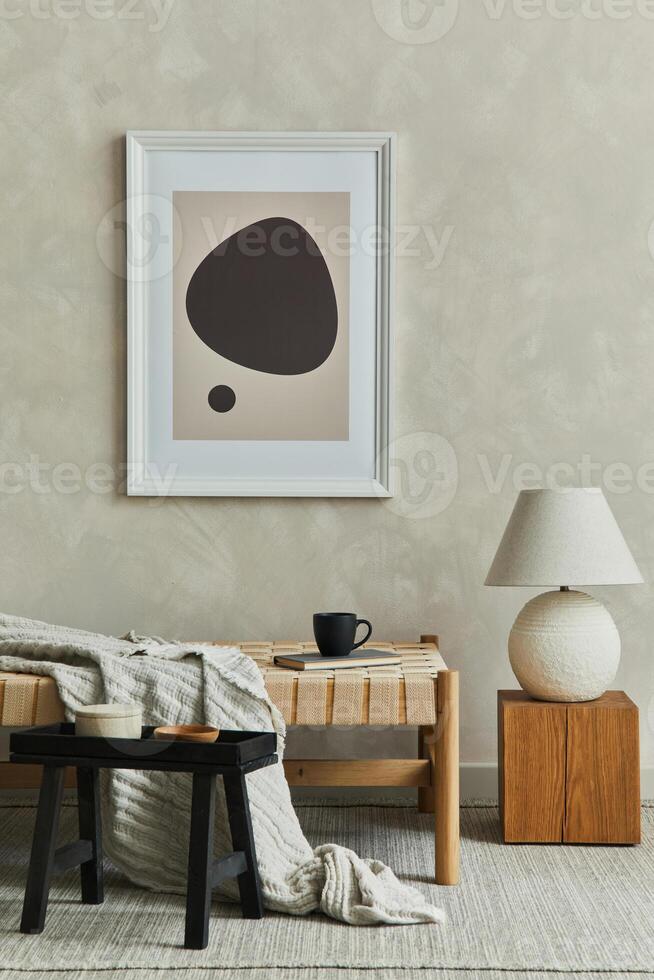 Stylish composition of cozy living room interior with mock up poster frame, chaise lounge and personal accessories. Neutral wall. Template. photo