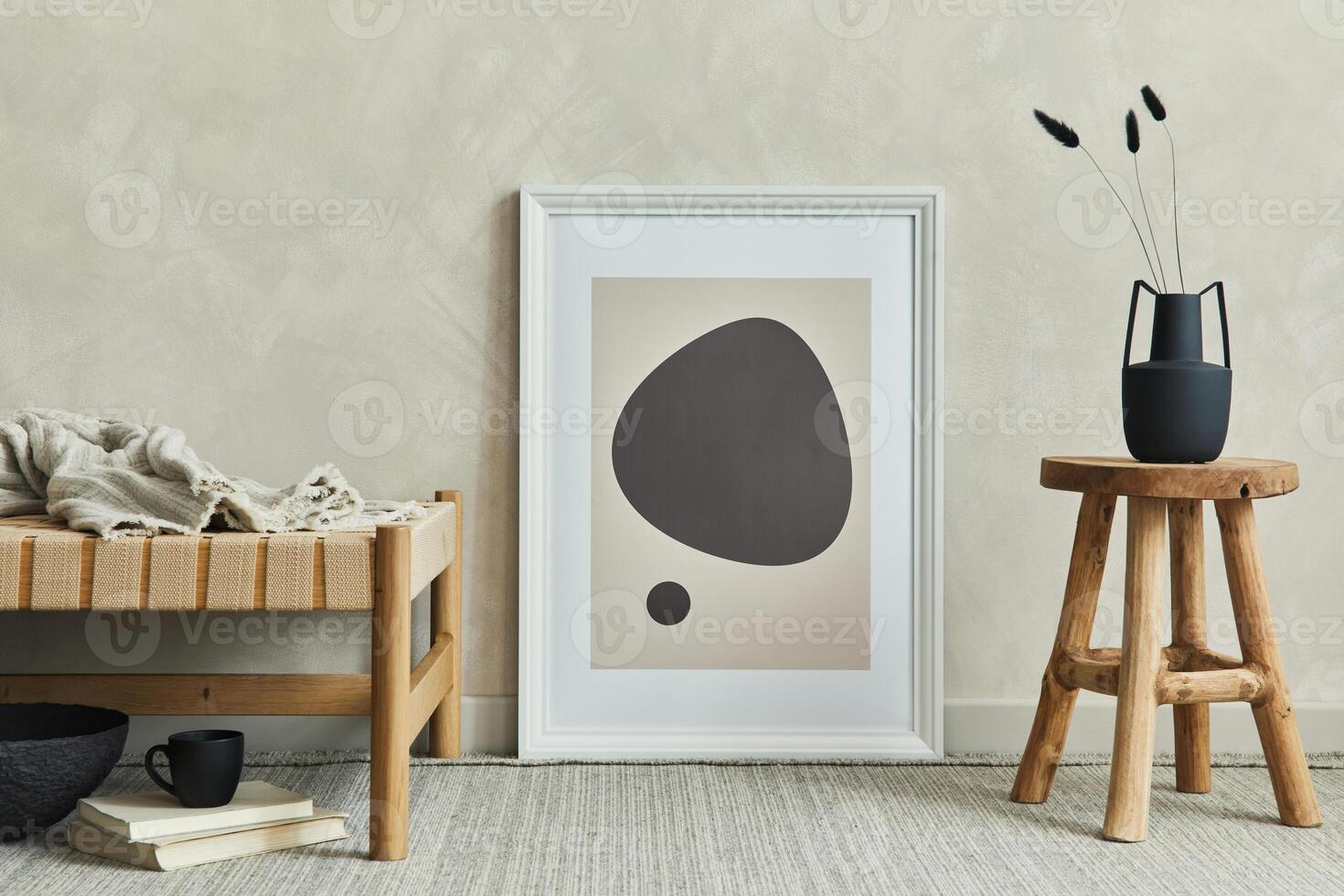 Stylish composition of cozy living room interior with mock up poster frame, chaise lounge and personal accessories. Neutral wall. Template. photo