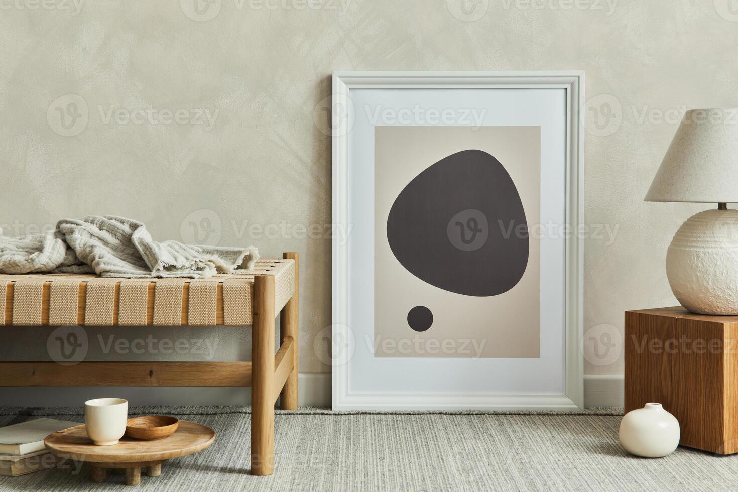 Stylish composition of cozy living room interior with mock up poster frame, chaise lounge and personal accessories. Neutral wall. Template. photo