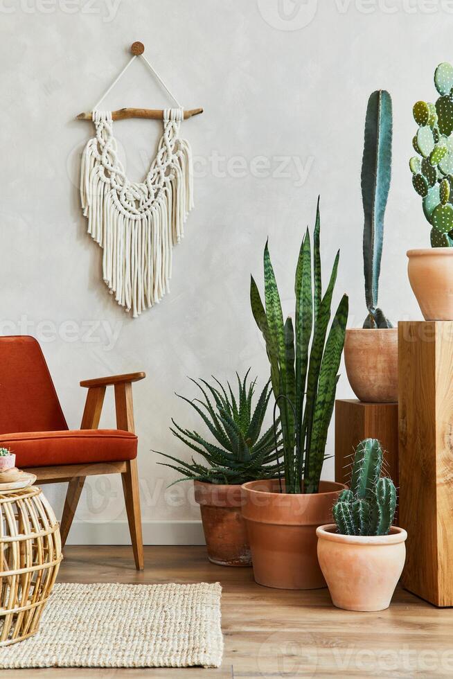 Stylish composition of cozy living room interior with copy space, lot of plants, armchair, wooden cubes and boho accessories. Beige wall, carpet on the floor. Plants love concept. Template. photo
