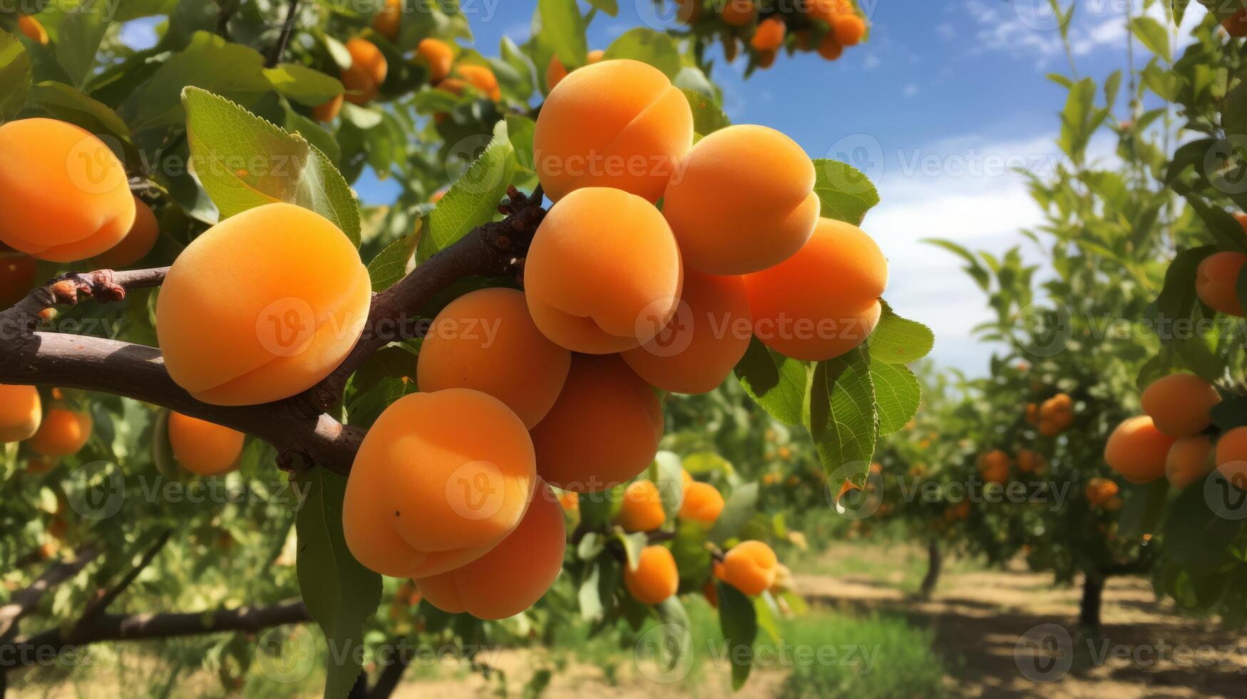 A bunch of ripe apricots on a branch. Neural network photo