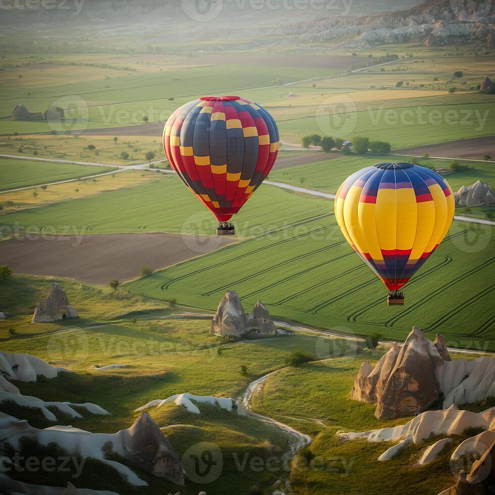 Two hot air balloons flying over a green valley photo