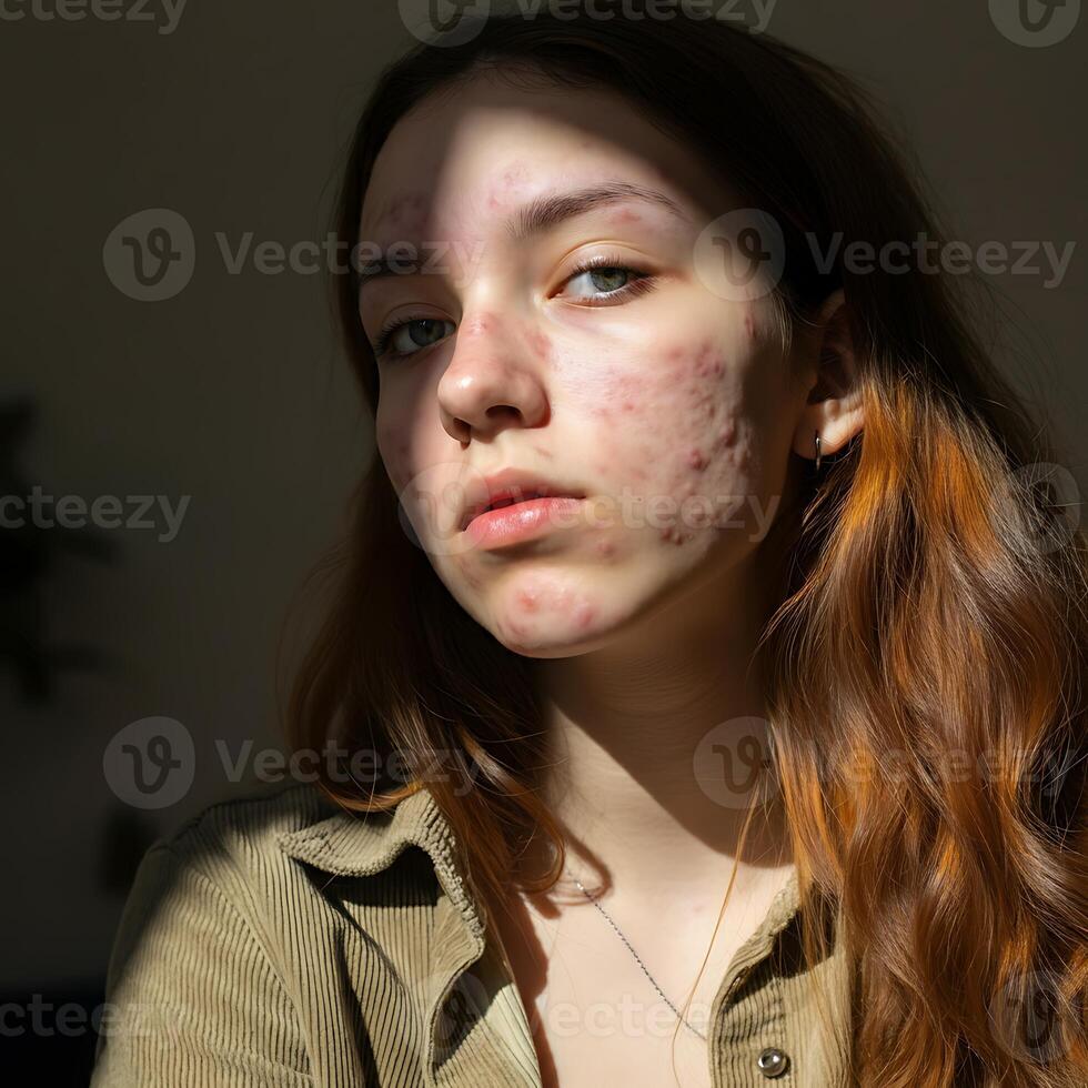 A woman with acne on her face photo