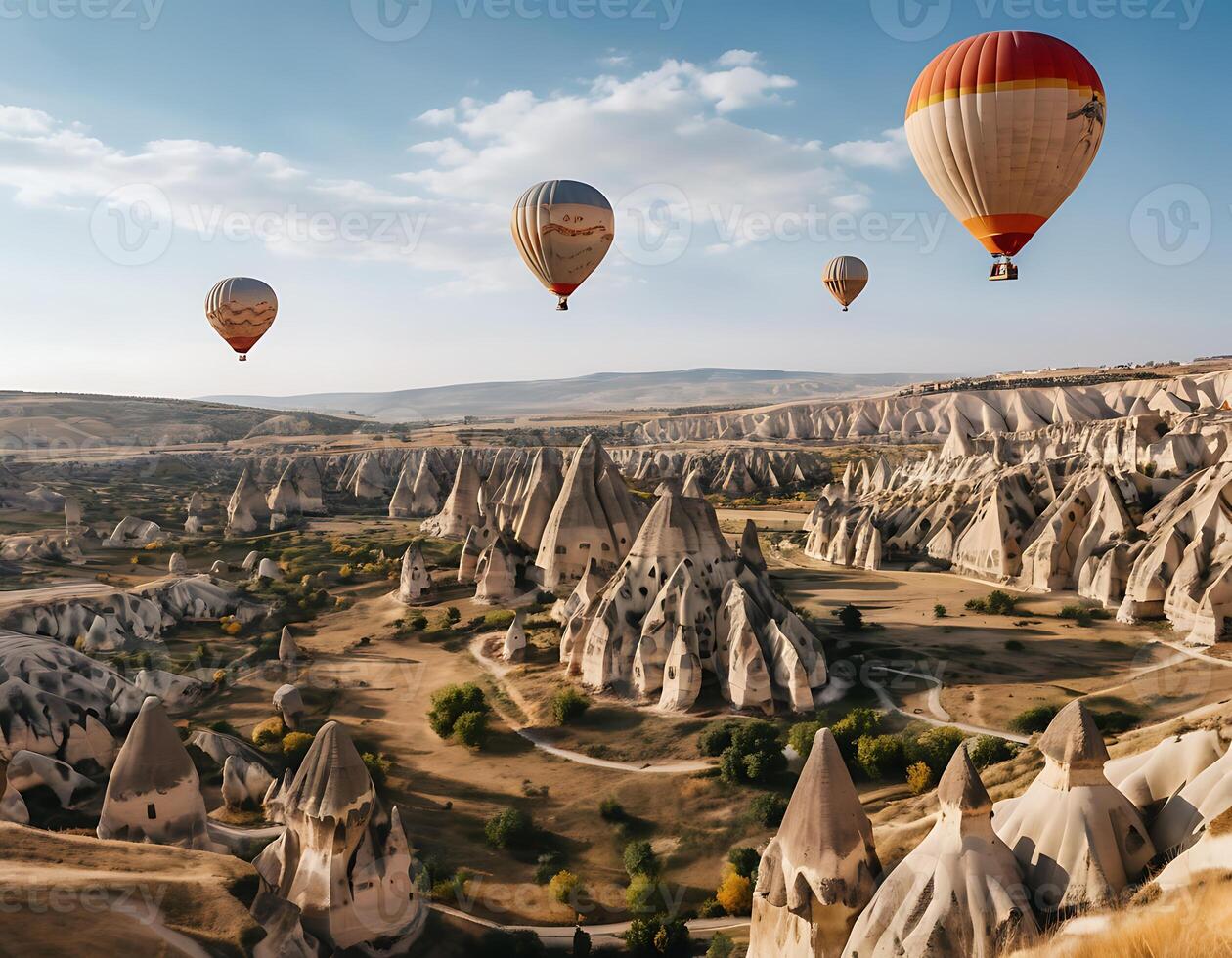 Hot air balloons flying over the valley of cappadocia photo