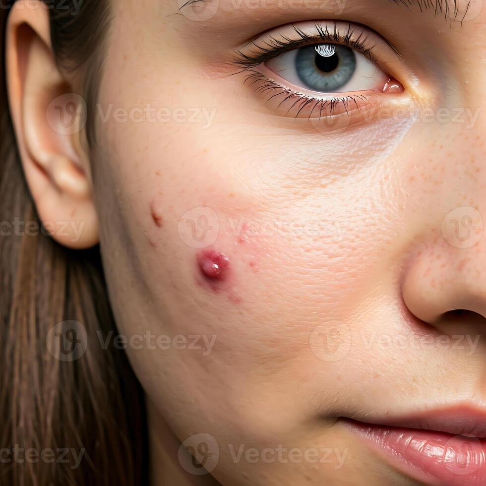 A woman with a large pimple on her face photo
