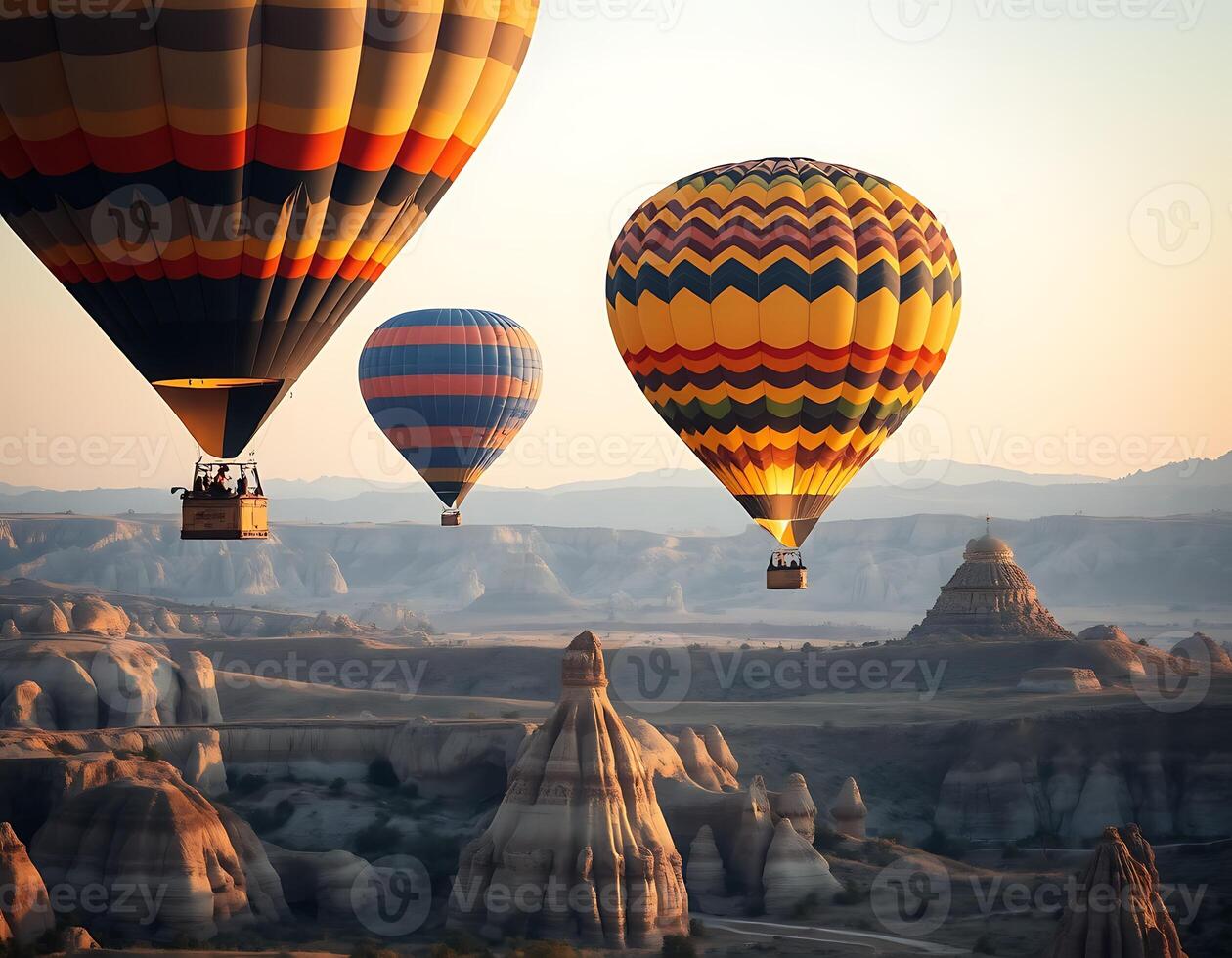 Hot air balloons flying over the rock formations of cappadocia, turkey photo