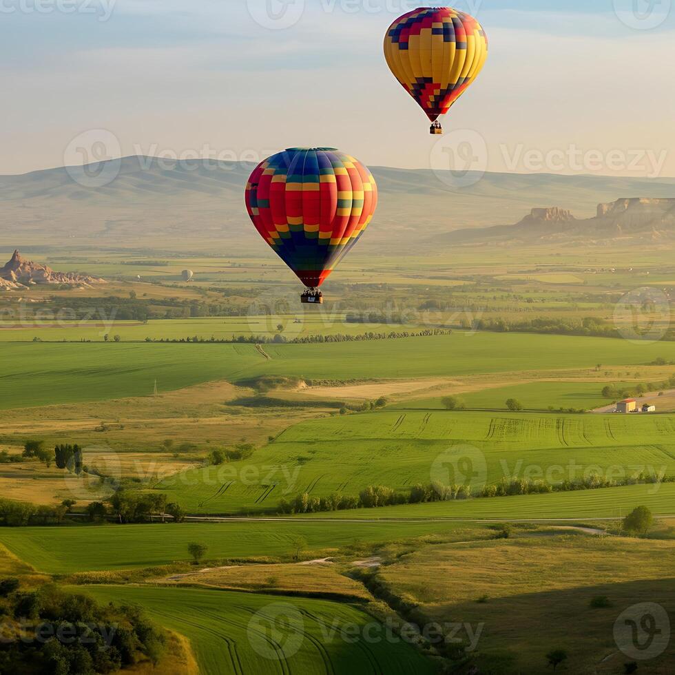 Two hot air balloons flying over a field photo