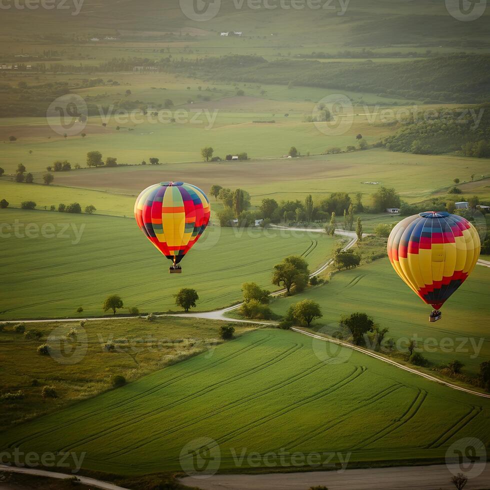 Two hot air balloons flying over a green field photo