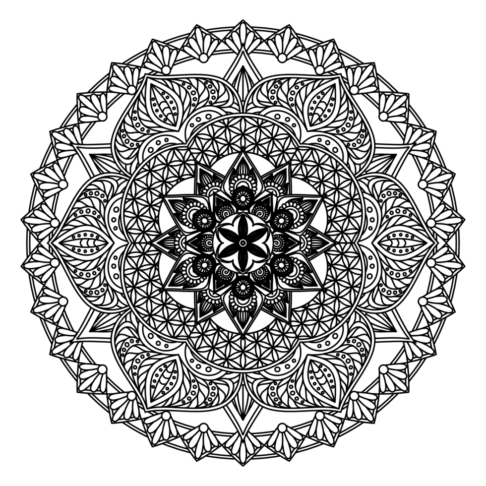 A black and white circular design with a floral pattern png
