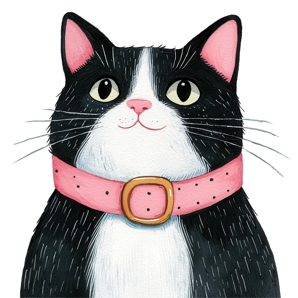 Cute black and white cat with pink collar png
