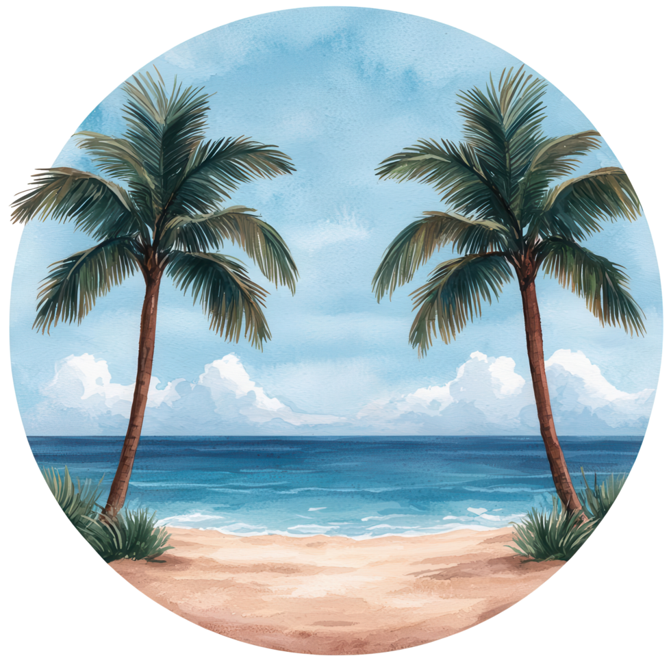 Beach scene with palm trees and ocean view png