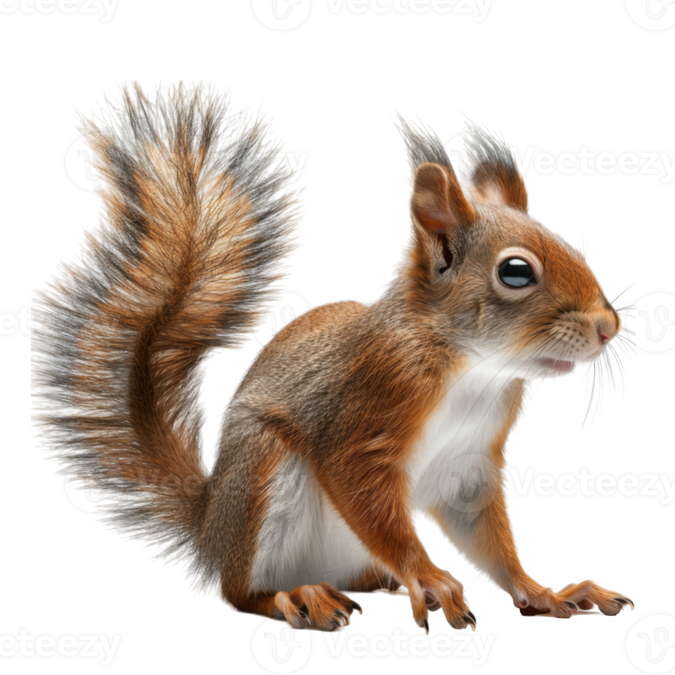 A Red Squirrel with a Fluffy Tail, Sitting and Looking to the Right png