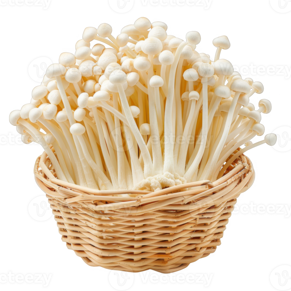 White Enoki Mushrooms in a Wicker Basket png