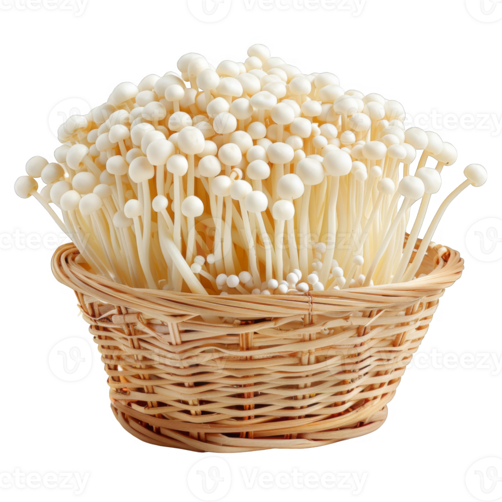 White Enoki Mushrooms in a Wicker Basket png