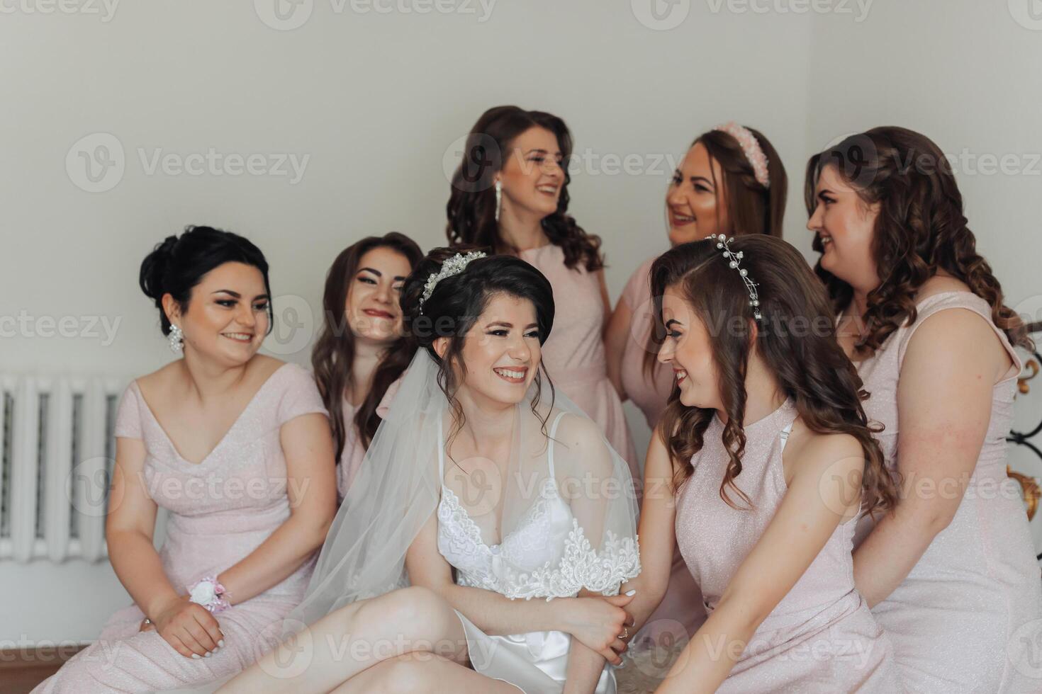 A group of women are sitting together, one of them is wearing a wedding dress. They are all smiling and seem to be enjoying each other's company photo
