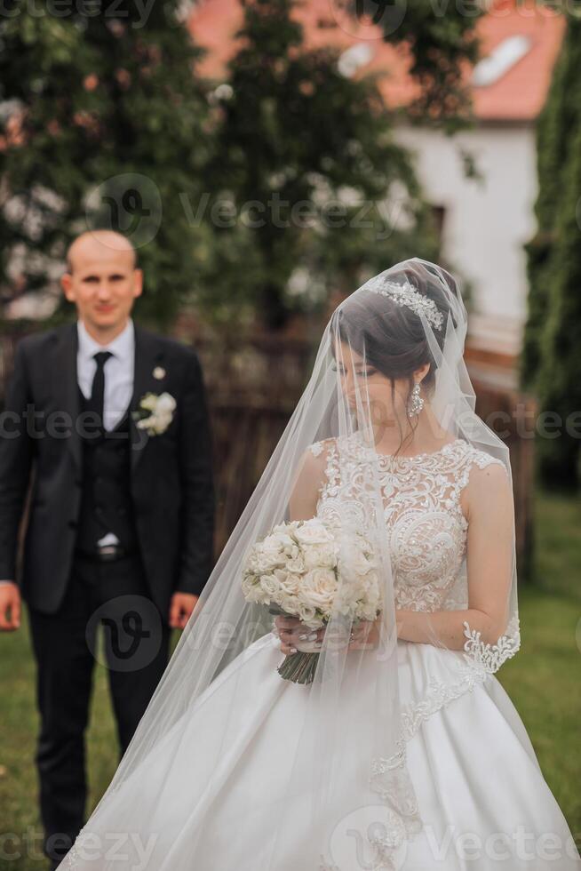 A bride and groom are standing in a field with a white veil over the bride's face. The bride is holding a bouquet of flowers photo