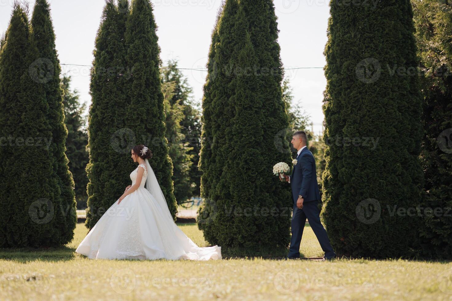 A bride and groom are walking through a field of trees photo