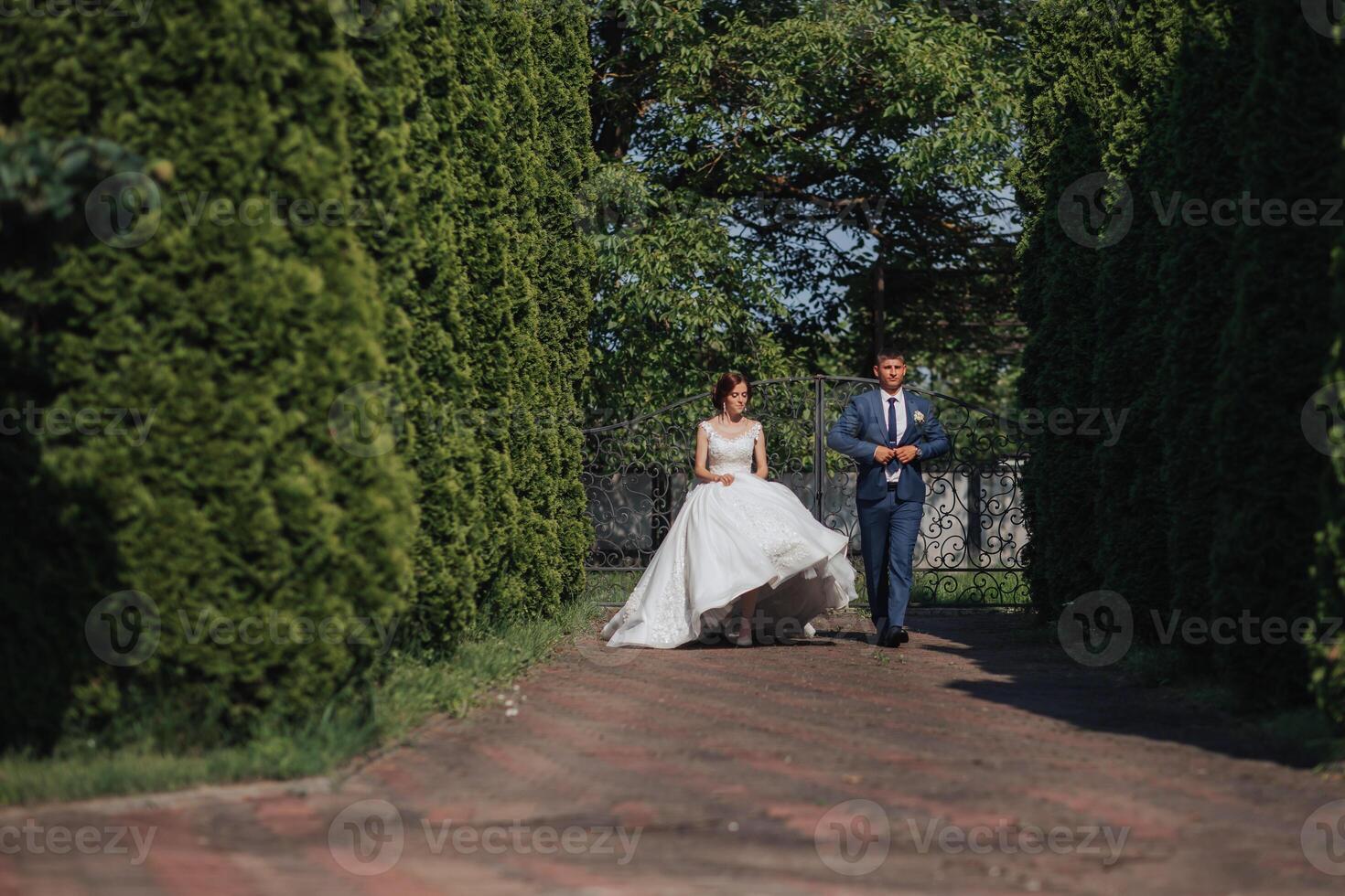 A bride and groom walk down a path in a park photo