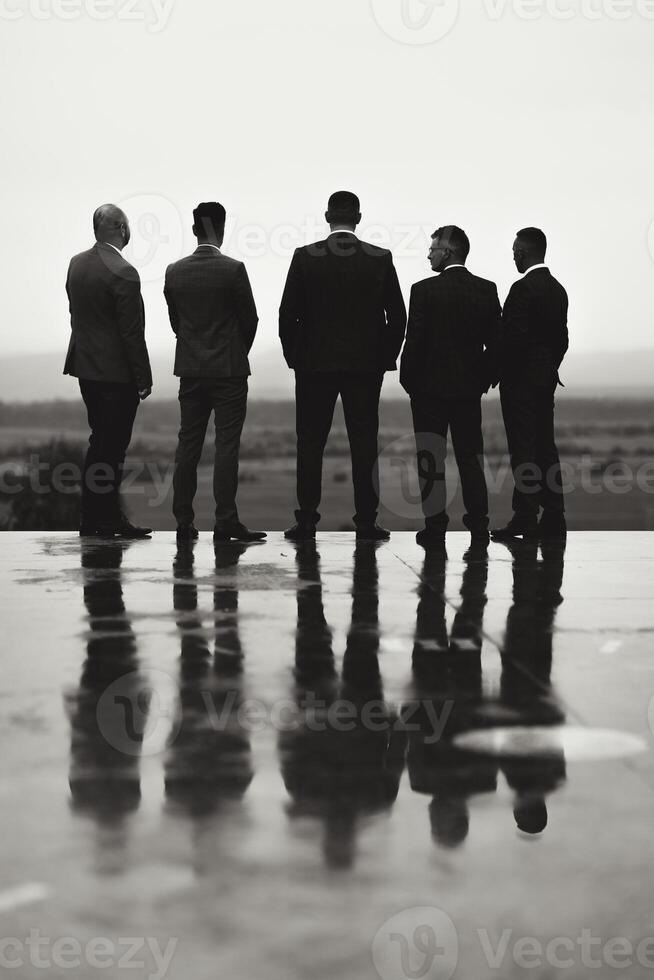 A group of men in suits stand on a bridge, looking out over a field photo