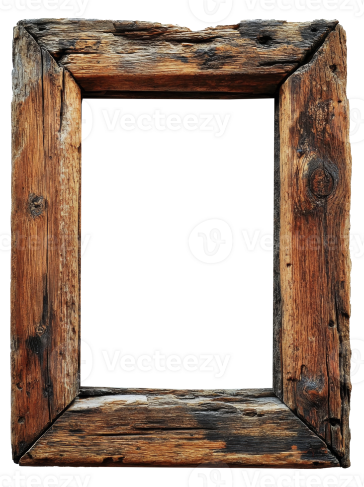 Rustic wooden frame resting on a dark wood background with varying grain patterns png