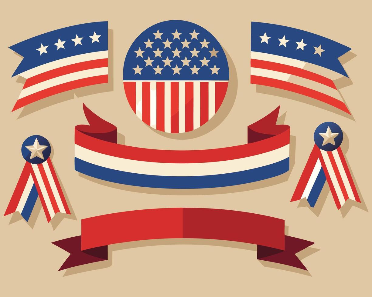 Set of american flag ribbons and stars illustration vector