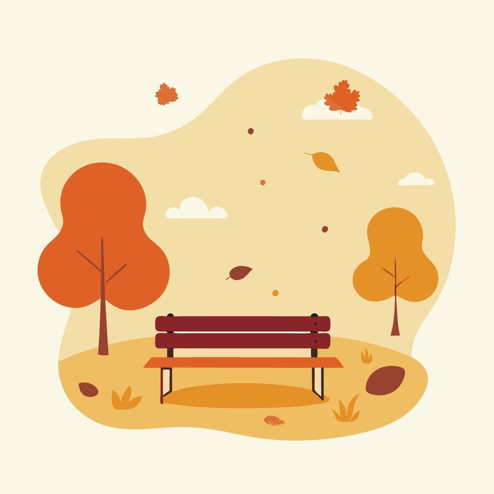 Autumn Serenity A Cozy Bench Amidst Falling Leaves vector