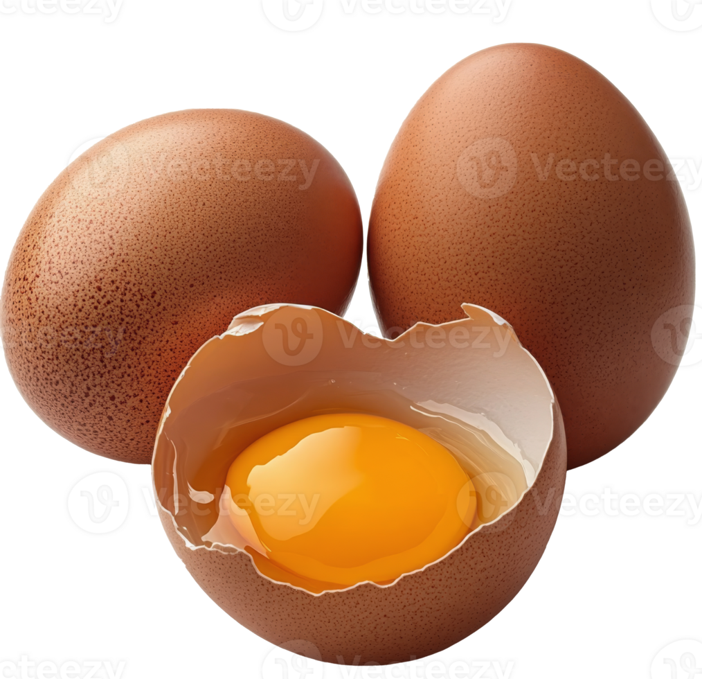 Freshly cracked brown eggs revealing bright yellow yolk on a clean surface png