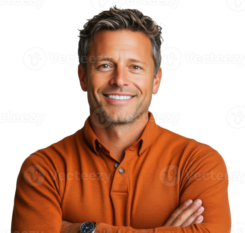 Smiling middle-aged man in a casual outfit stands confidently against a plain background png