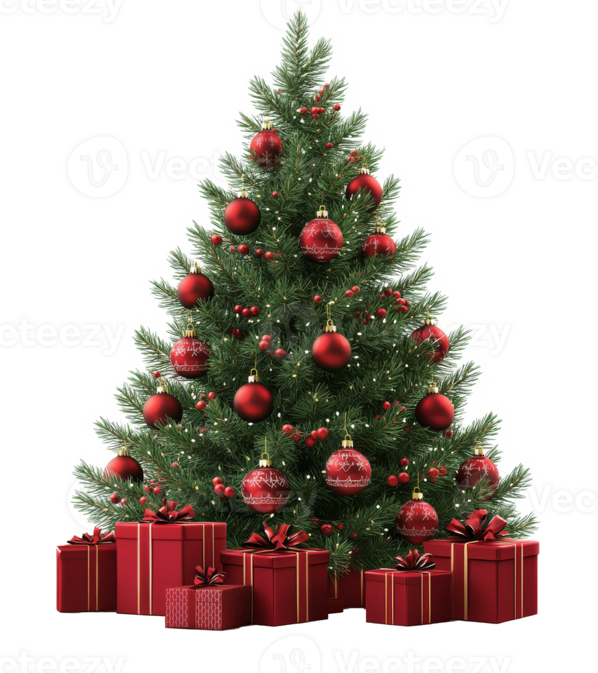 Festive Christmas tree decorated with red ornaments and surrounded by beautifully wrapped gifts png