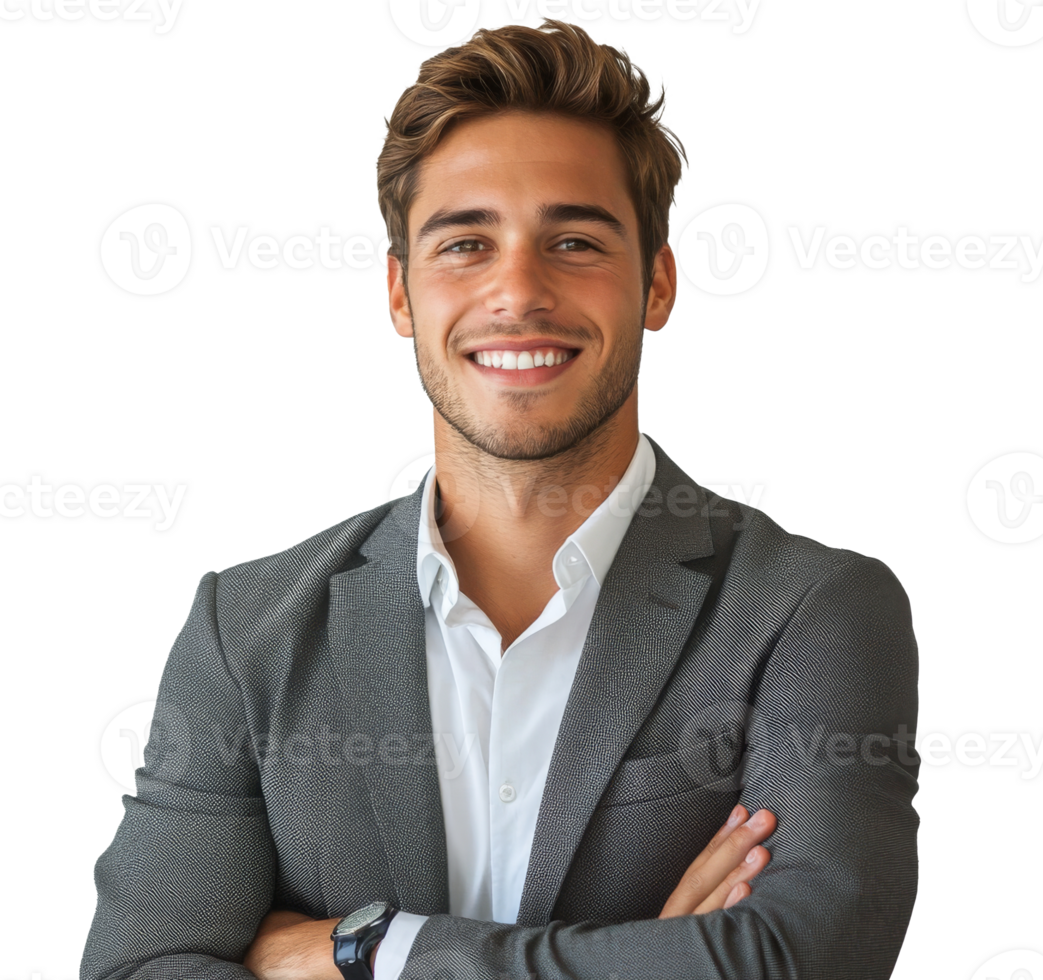Young man in a smart suit smiles confidently with arms crossed against a plain background png